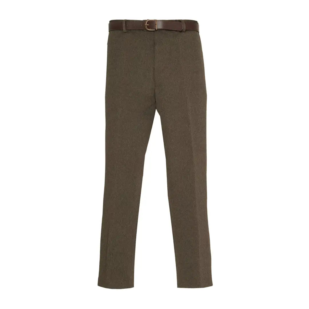 Olive green Cavalry Twill Trousers with a stylish brown belt for superb quality