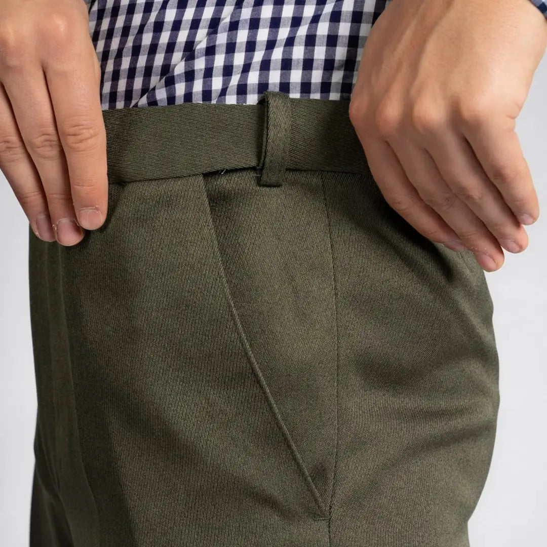 Olive green high-waisted Cavalry Twill Trousers with a stylish fabric belt