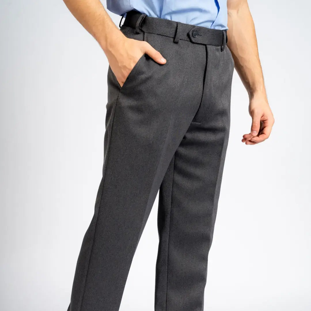 Gray Cavalry Twill Trousers with belt and pockets, offering fantastic quality and style