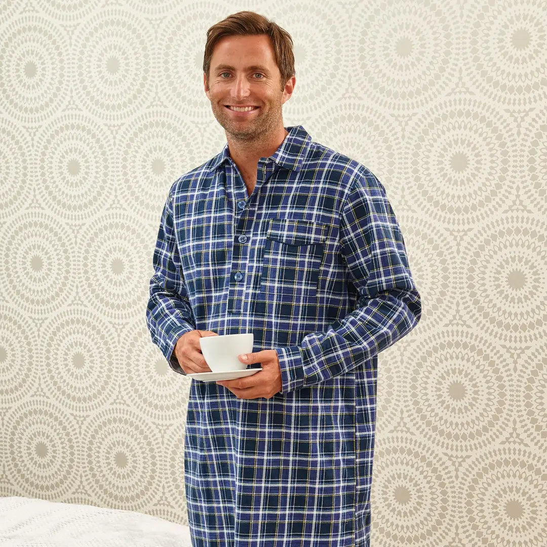 Man in blue plaid robe enjoying coffee in Champion Canterbury Nightshirt