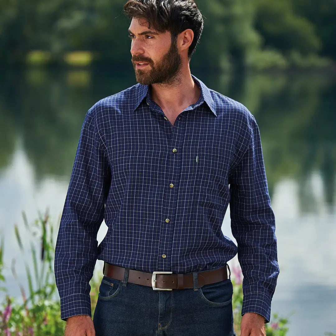 Bearded man rocking a Navy Blue Champion Castleton Polycotton Shirt with style