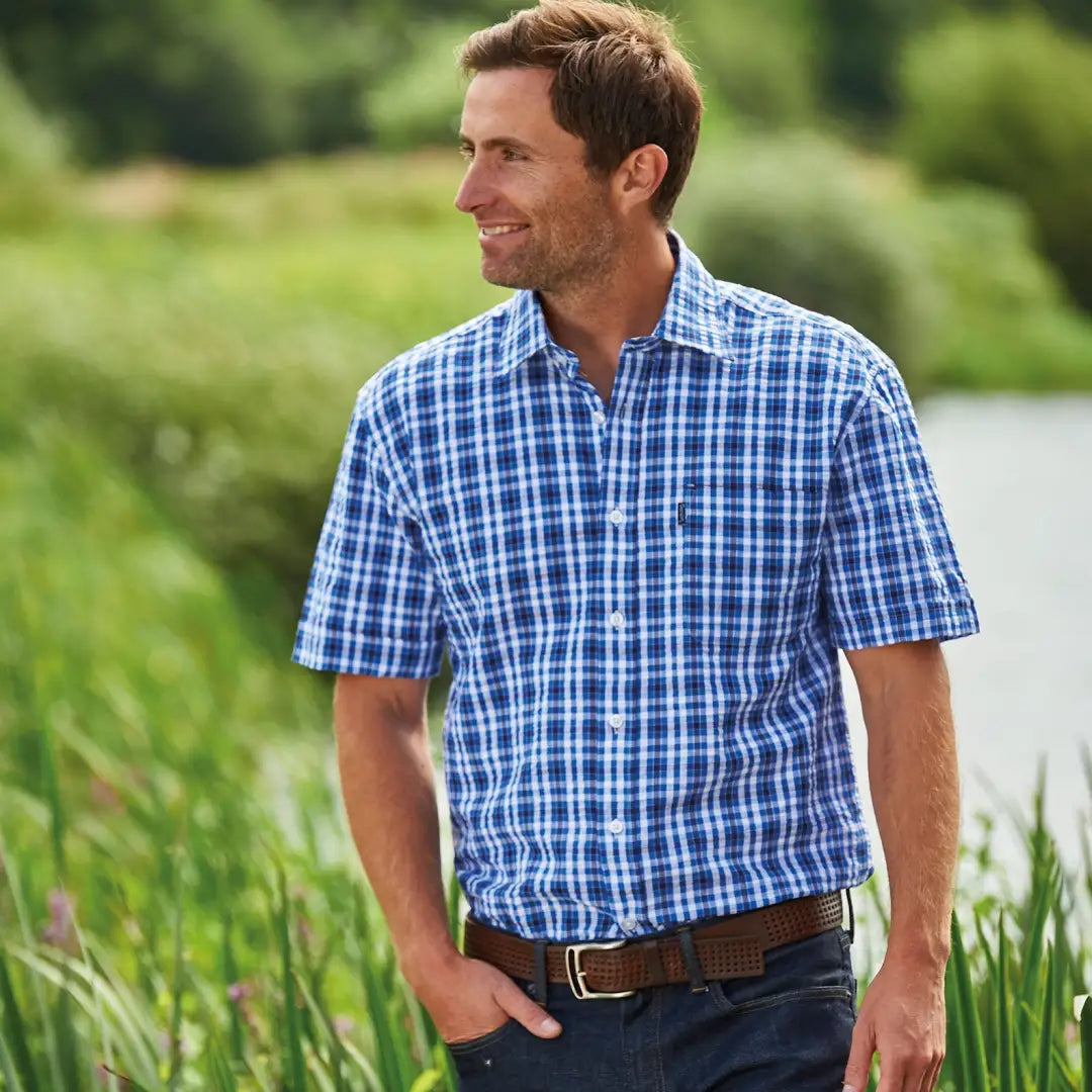 Blue and white plaid Champion Croyde short sleeved shirt for a stylish casual look