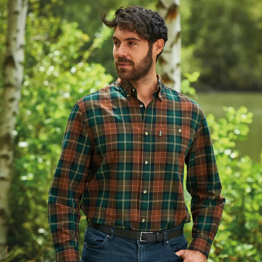 Bearded man in a plaid Champion Dorchester Long Sleeve Shirt for country clothing vibes