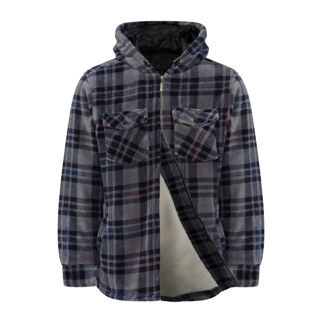 Plaid Champion Dumfries fleece jacket with hood, pockets, and zipper closure