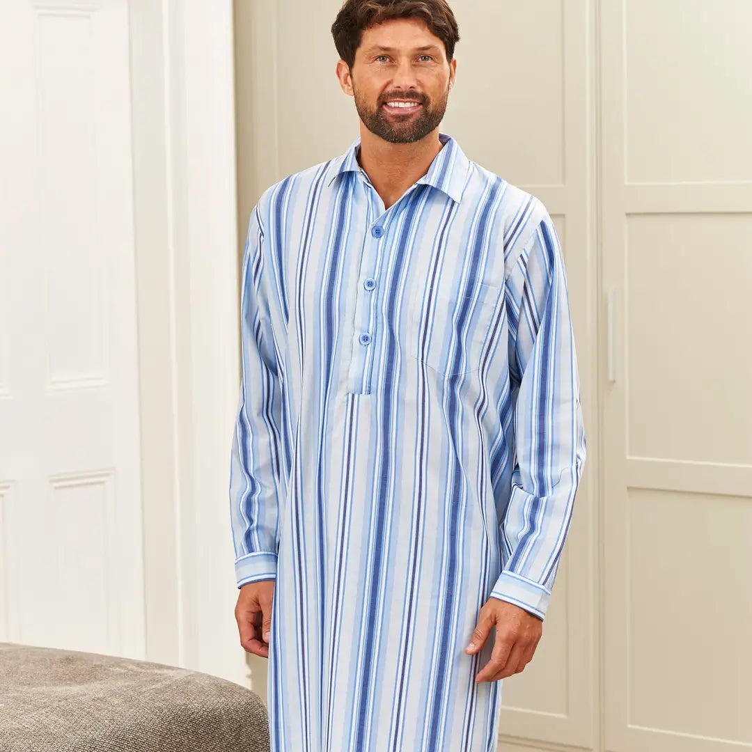 Bearded man in a striped blue and white Champion Westminster Nightshirt