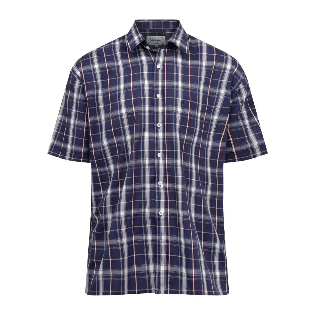 Navy blue and white short sleeved Champion Whitby shirt with plaid pattern