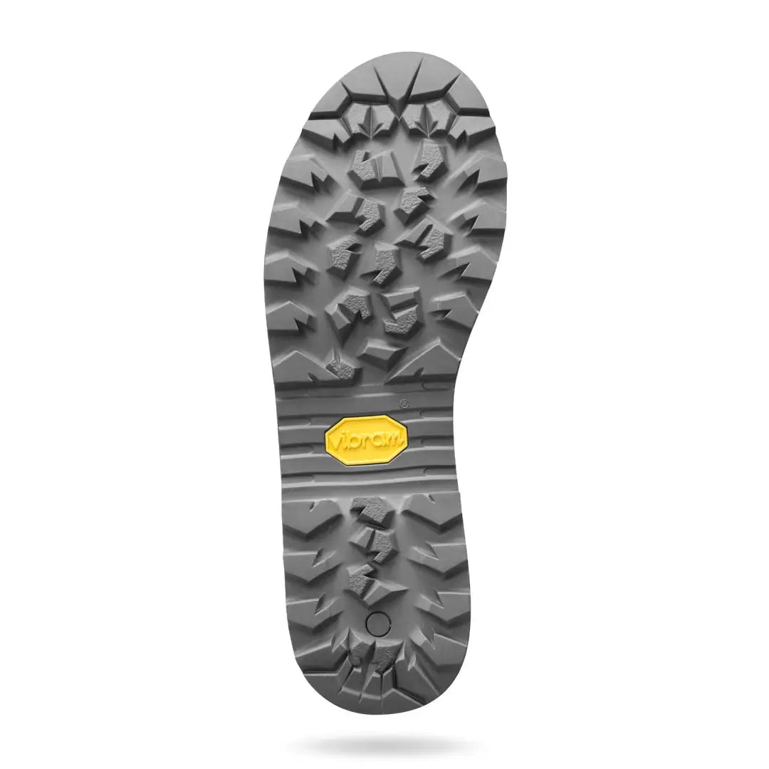 Rugged gray rubber sole of Crispi Futura GTX boots with yellow brand label