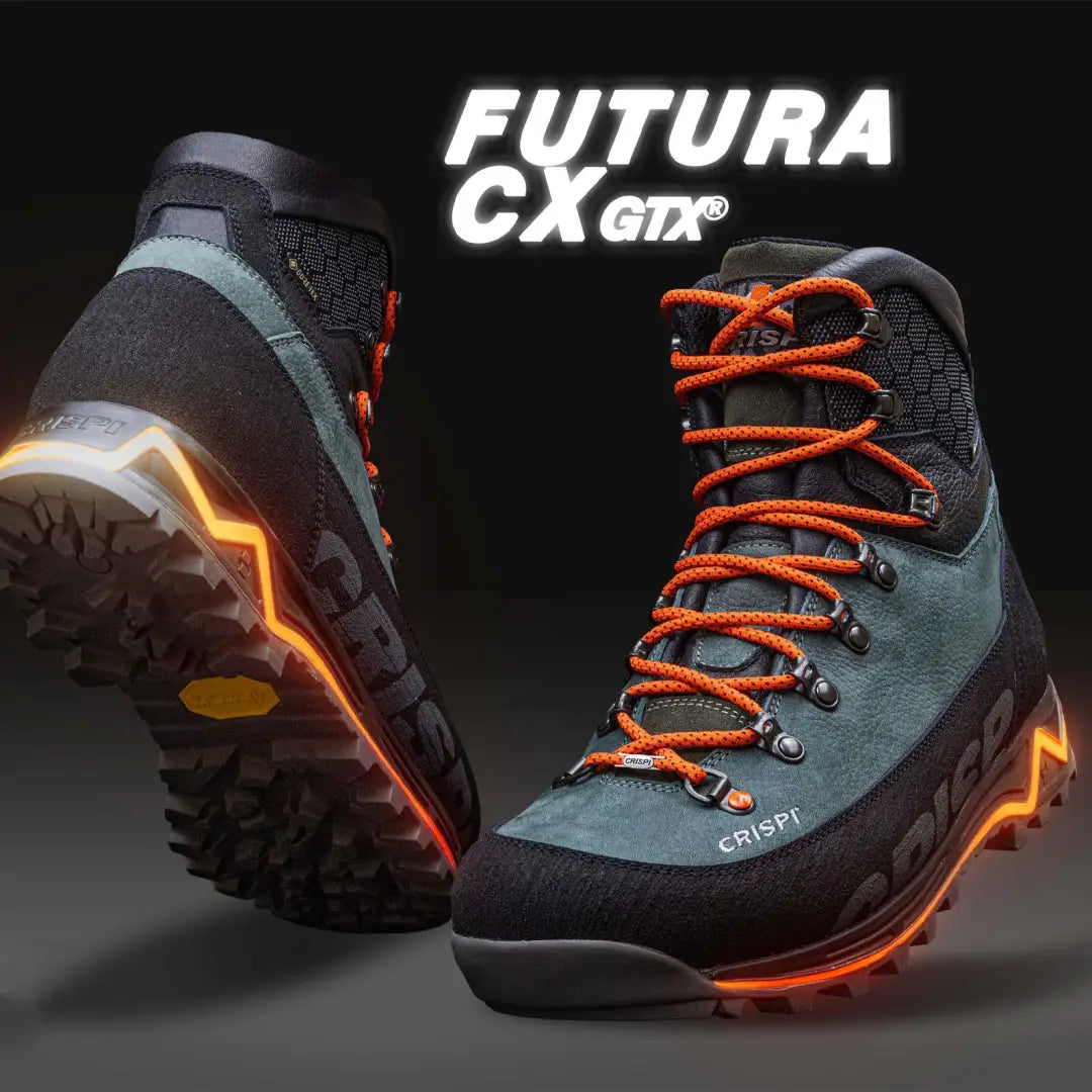 Rugged Crispi Futura GTX boots with glowing orange soles and branding for outdoor adventures