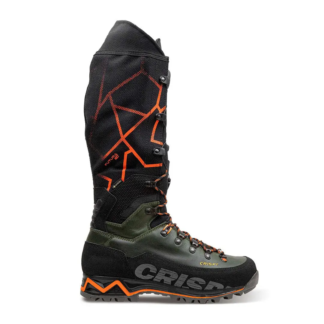 Tall, rugged Crispi Futura NXT GTX boot in black and green with orange accents