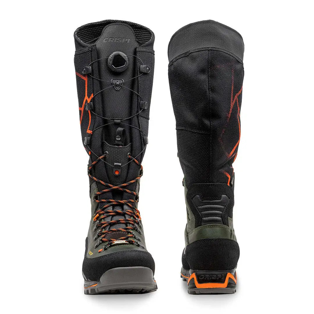 Tall black Crispi Futura NXT GTX boots with orange accents and lacing system