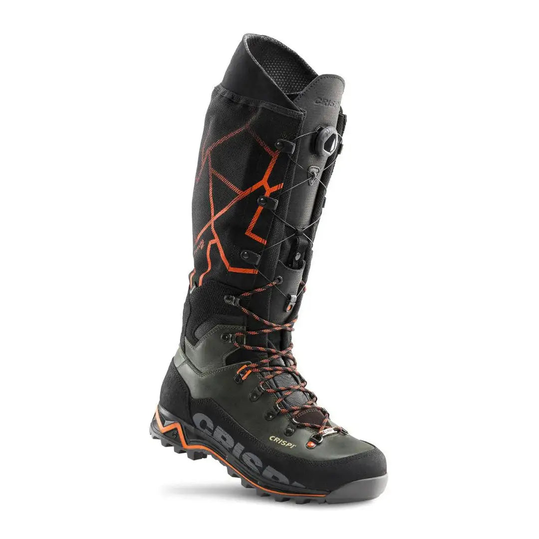 Tall black and orange Crispi Futura NXT GTX hiking boot with stylish side pattern