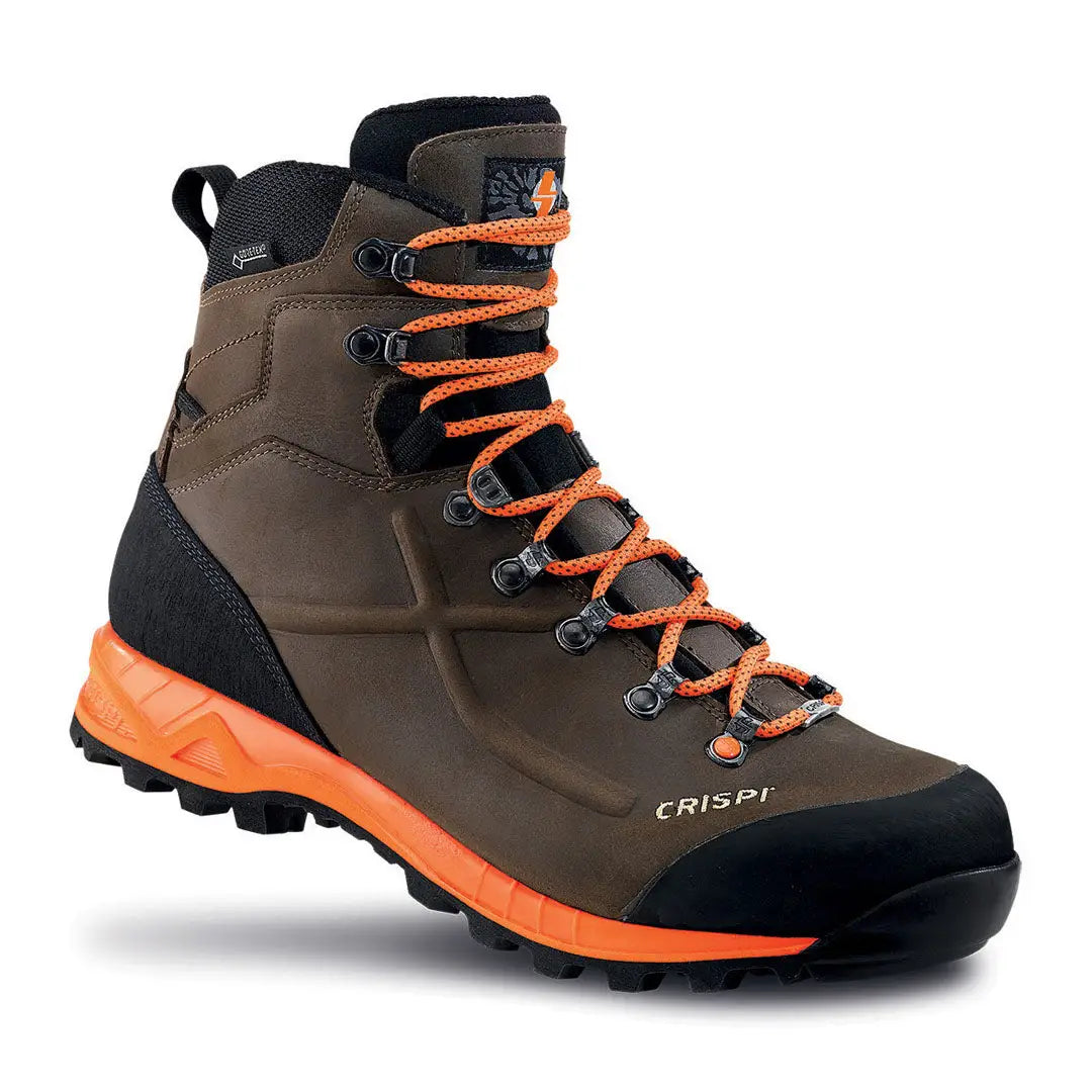 Rugged Crispi Valdres S.E. GTX hiking boot with brown leather and orange accents for long periods