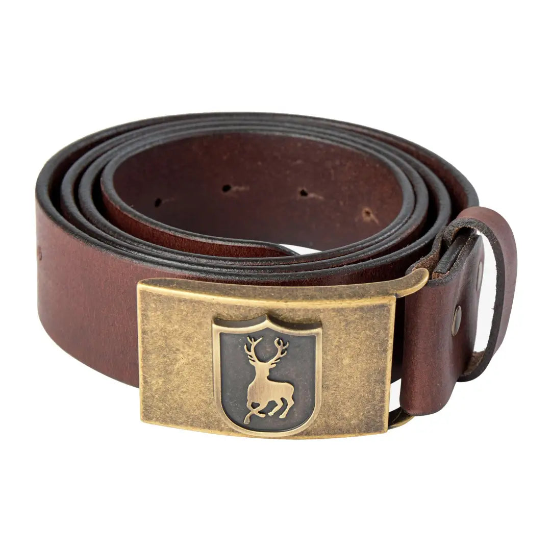 Brown leather belt with brass buckle and deer emblem from Deerhunter Adjustable Leather