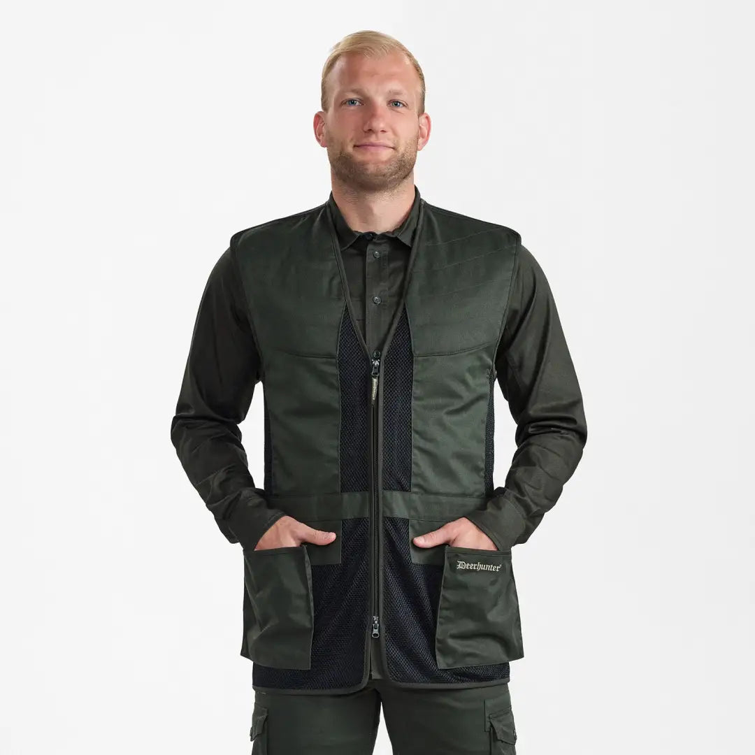 Dark green Deerhunter Atlas Mesh Shooting Waistcoat with black panels and pockets