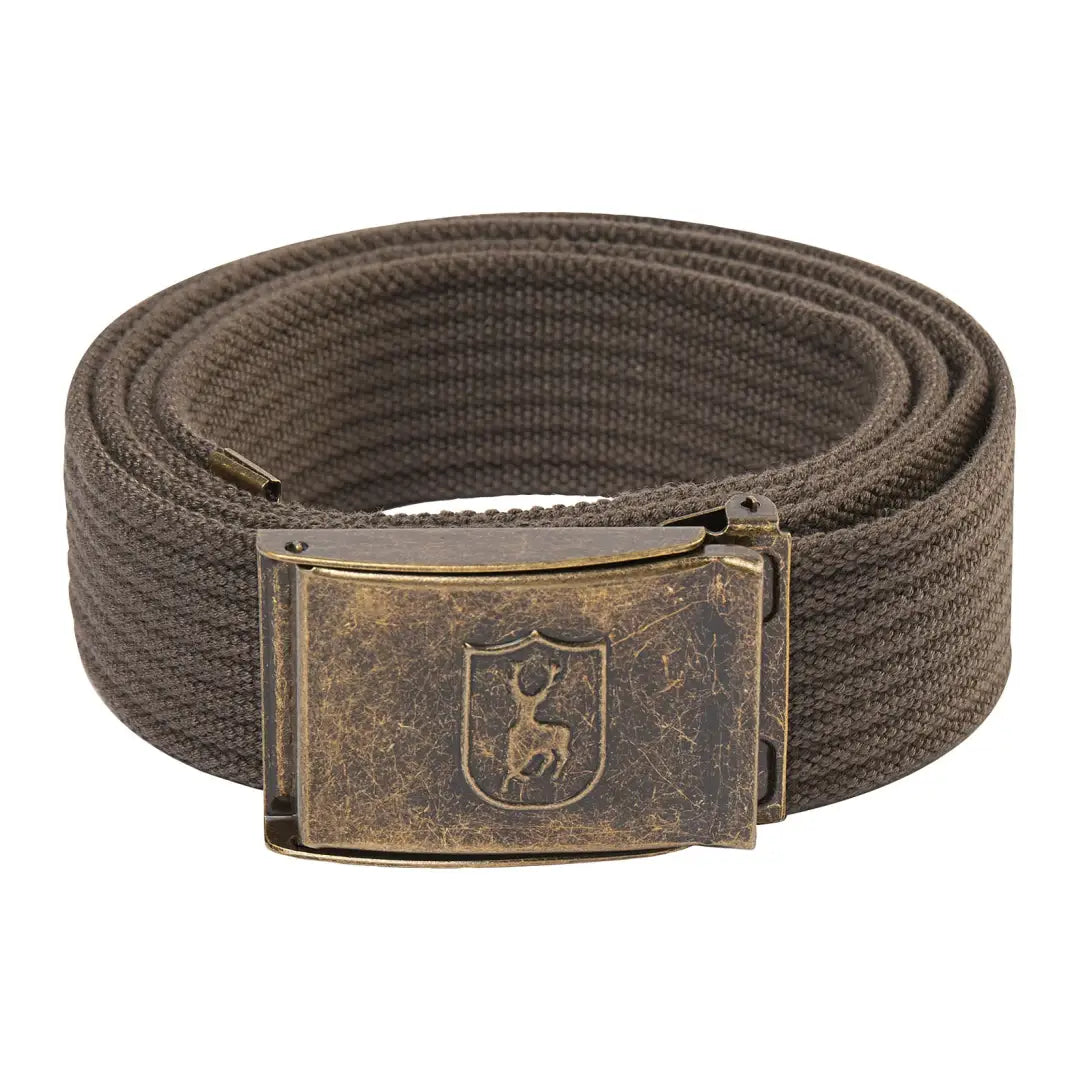 Brown Deerhunter Canvas Belt with antique brass buckle and deer emblem design