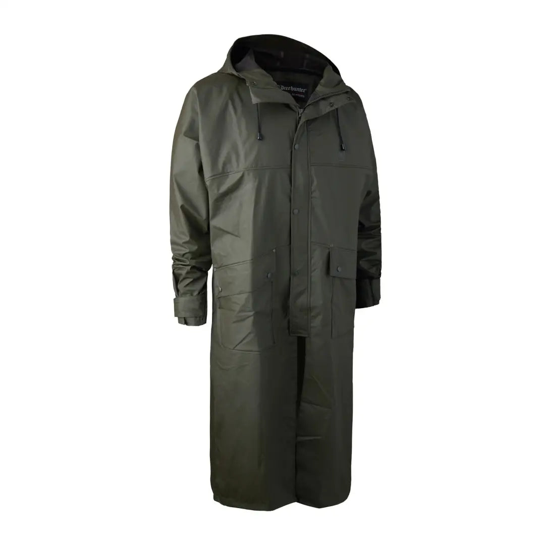 Long Olive Green Deerhunter Hurricane Raincoat with Hood and Stretchable Fabric Pockets