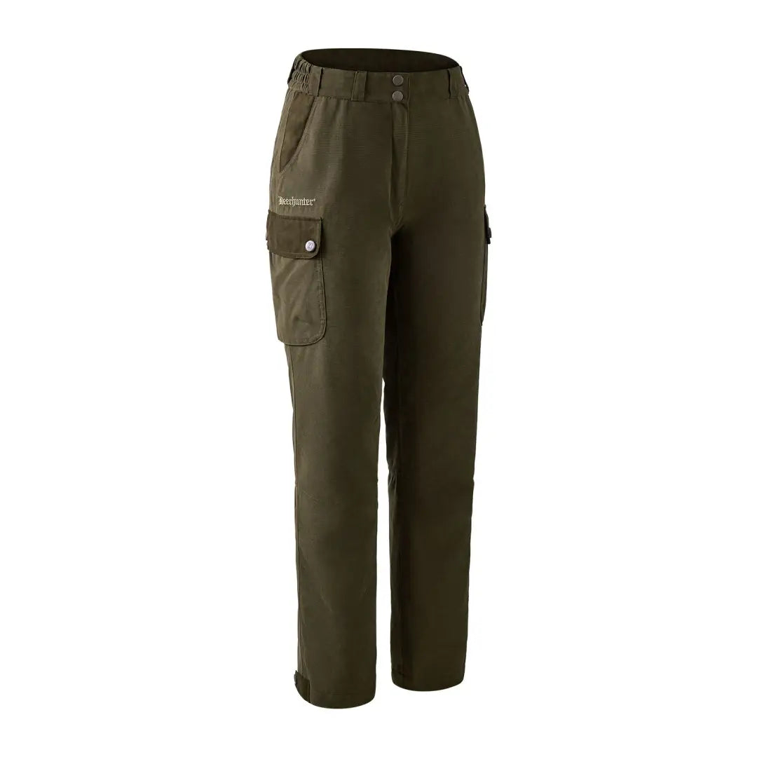 Olive green Deerhunter Lady Eagle Trousers with pockets and brand logo on display