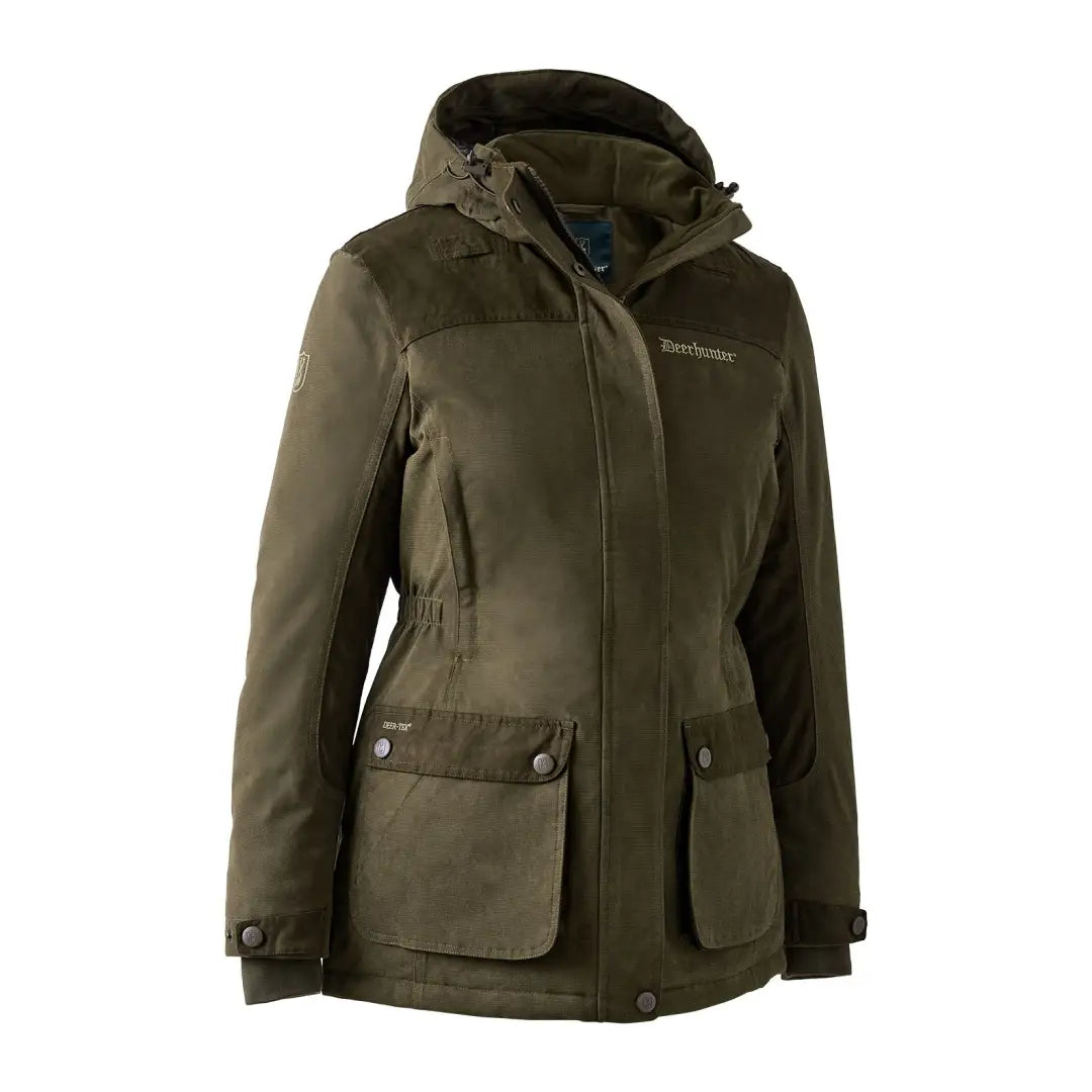 Olive green waterproof Lady Eagle Winter Jacket with pockets and hood for hunting