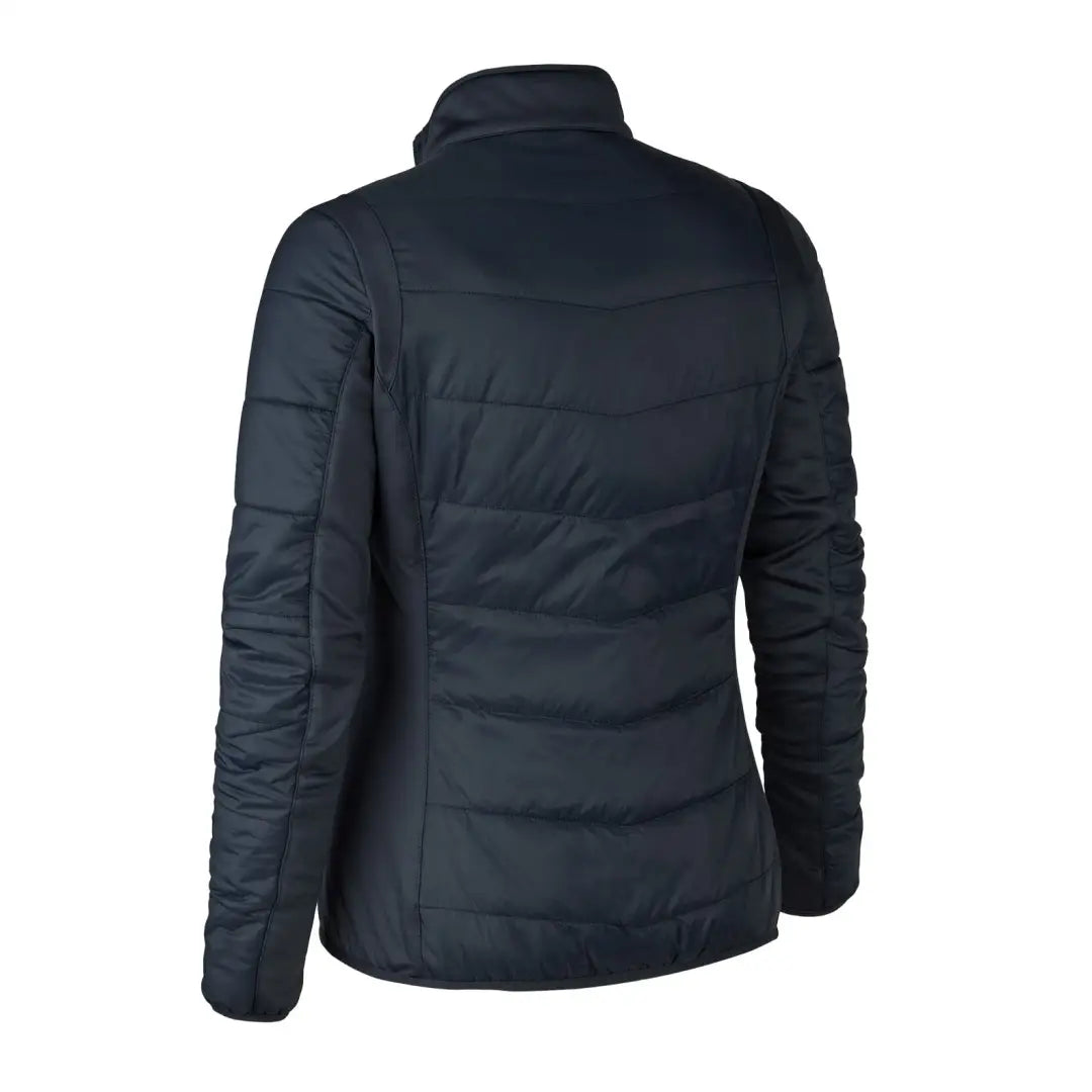 Black quilted heat padded jacket with a high collar and stylish stitching pattern