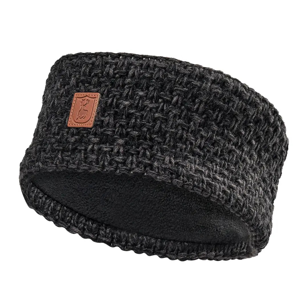 Nice-looking dark gray knitted headband with leather patch, perfect for country clothing