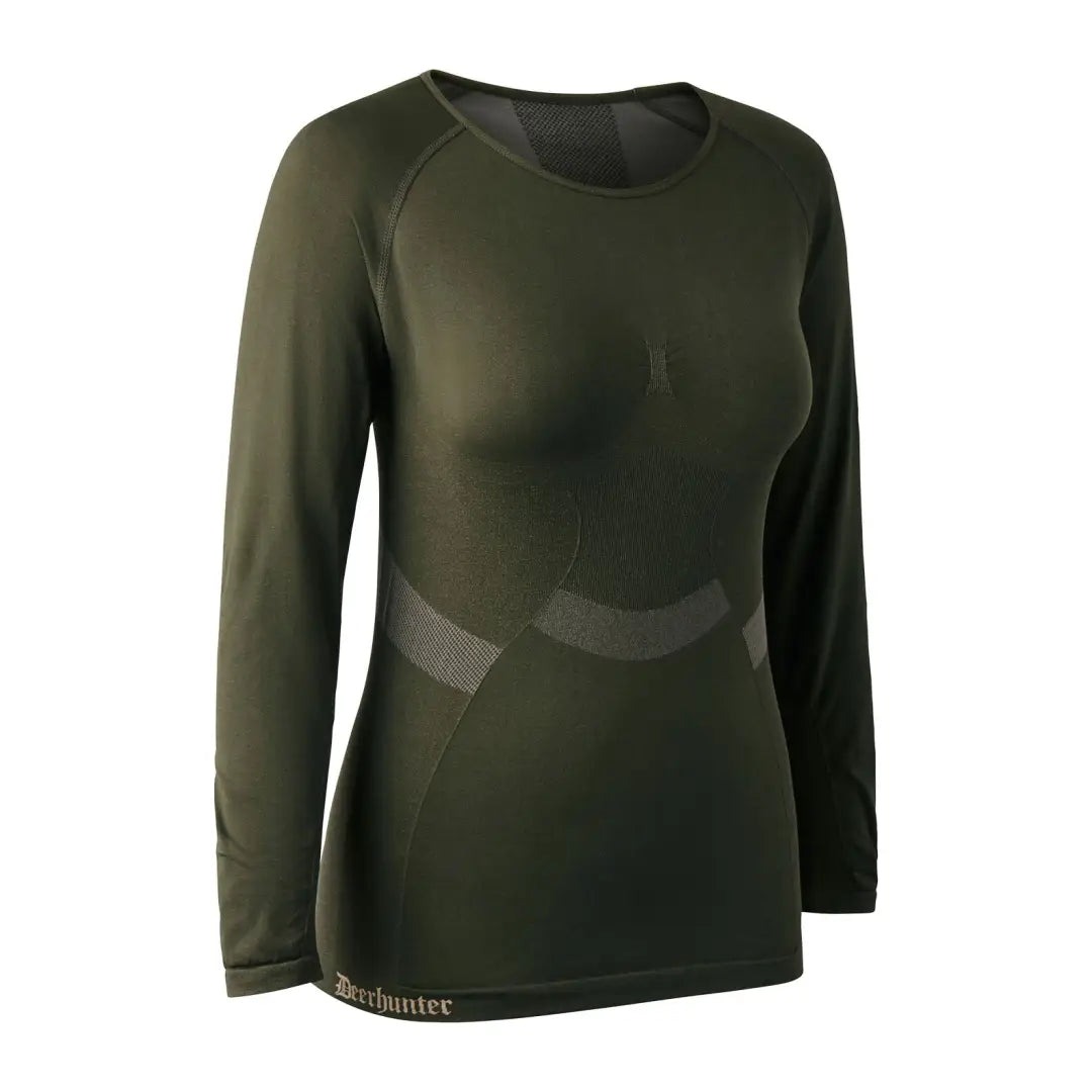 Dark green long-sleeved women’s athletic top from Deerhunter’s underwear set, great for country clothing