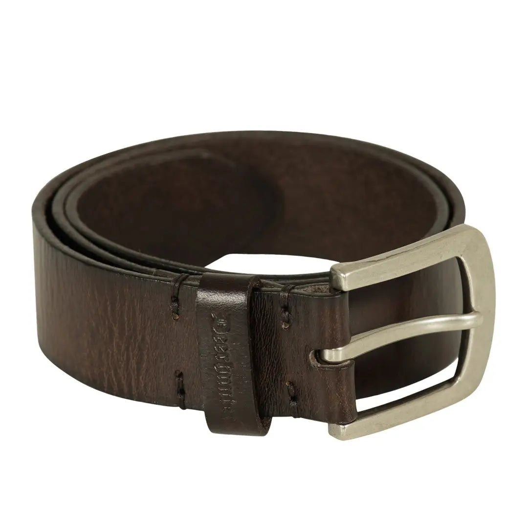 Dark brown Deerhunter Leather Belt with silver buckle, perfect for hunting trousers