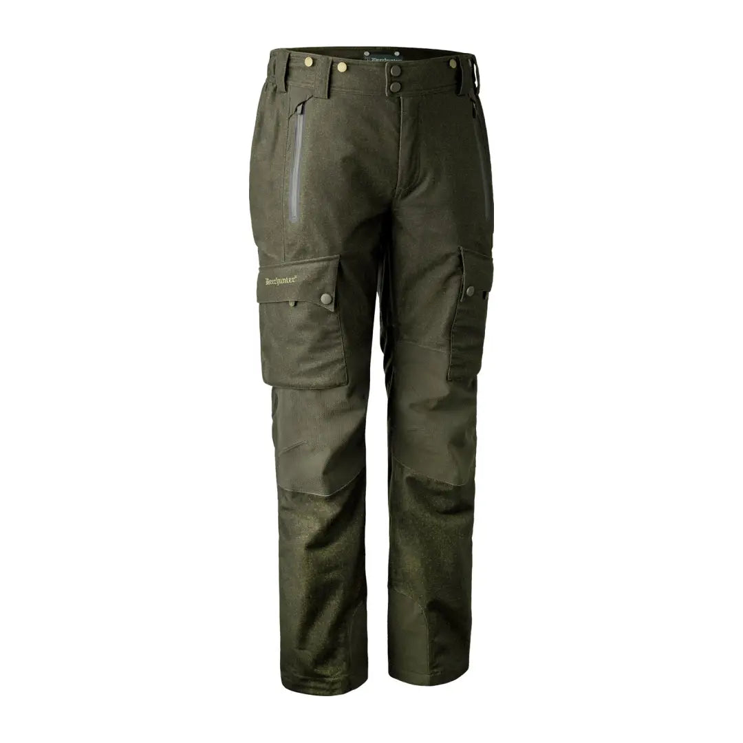 Olive green Deerhunter Ram Trousers with pockets and reinforced knees, specifically designed for outdoor use