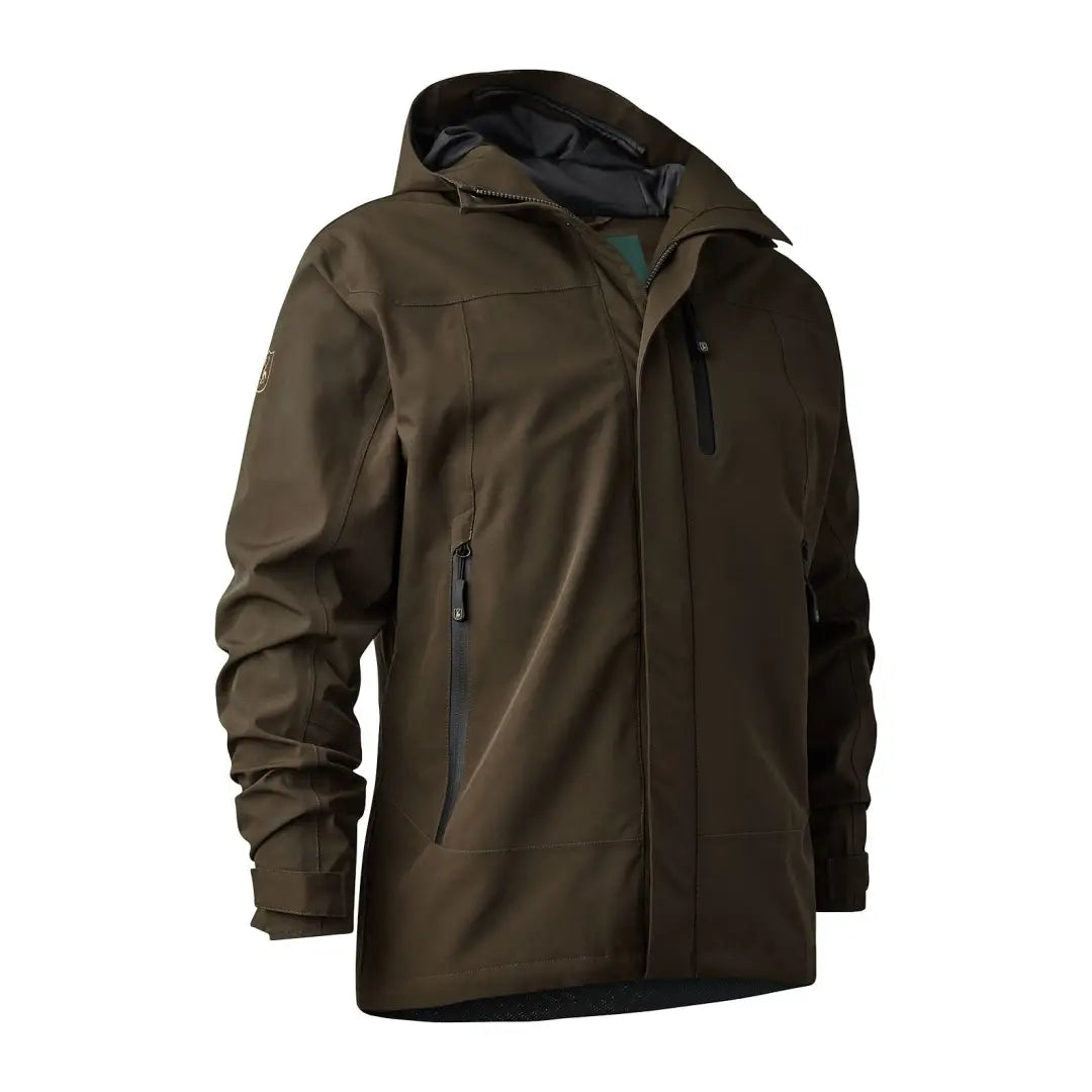 Dark brown Deerhunter Sarek Shell Jacket with hood and zippered pockets for outdoor use