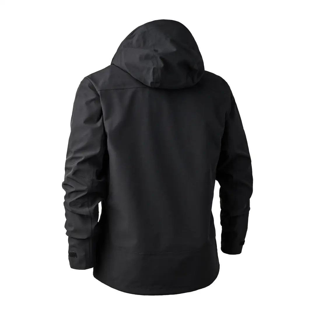 Black hooded jacket back view, featuring the Deerhunter Sarek Shell Jacket design