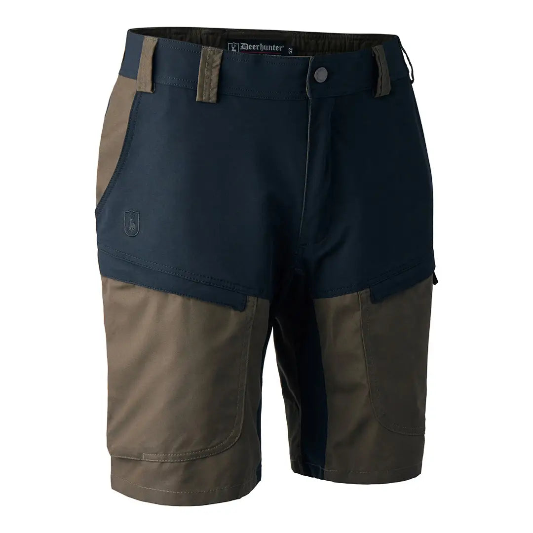 Two-tone Deerhunter Strike Shorts with black and brown panels for outdoor adventures