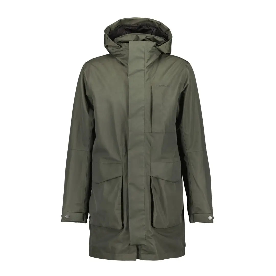 Olive green Didriksons Andreas Parka featuring a hood and multiple pockets