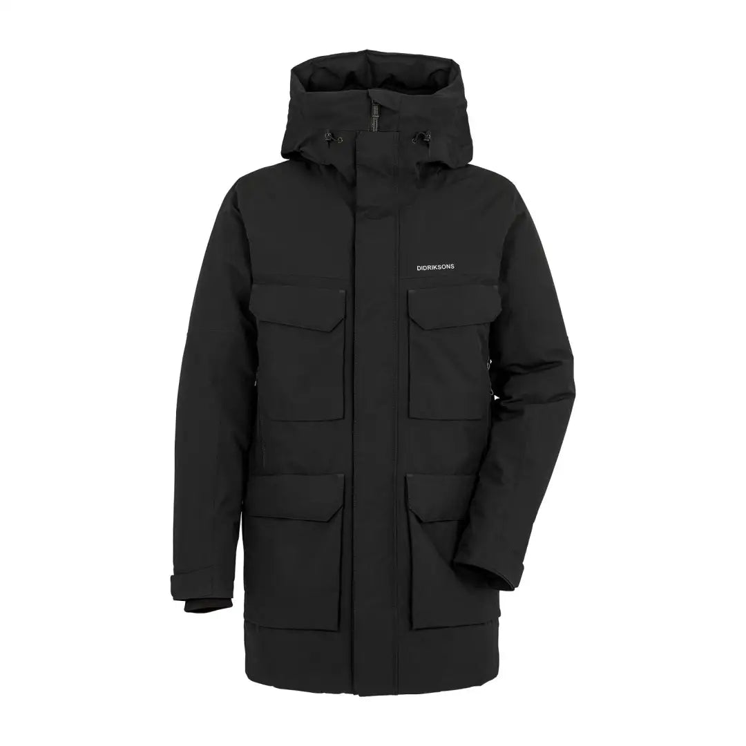 Black hooded Didriksons Drew Parka 8 perfect for chilly days with multiple pockets