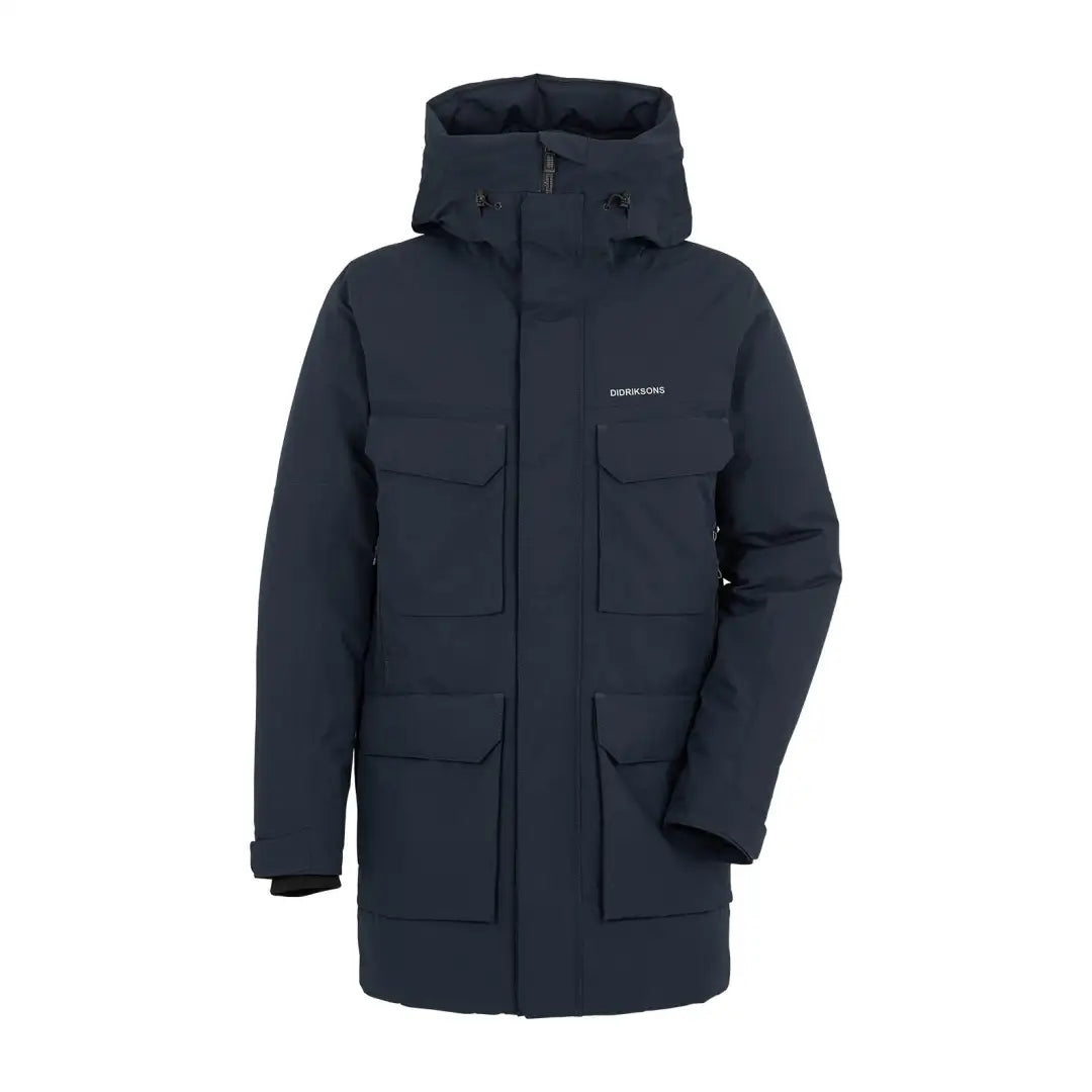 Navy blue Didriksons Drew Parka 8 with pockets, perfect for winter adventures