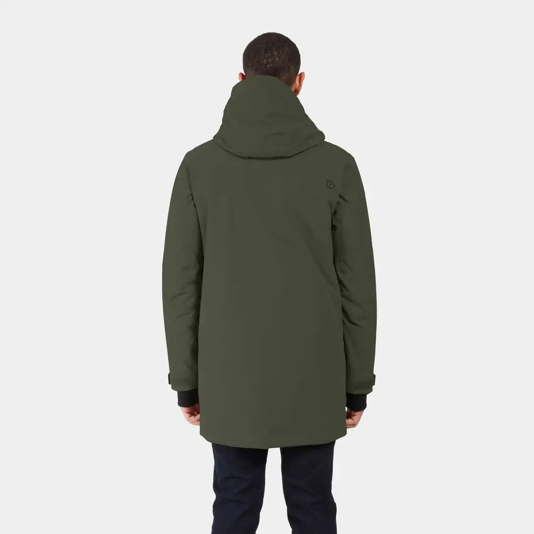 Green hooded winter coat from the back, featuring the Didriksons Drew Parka design