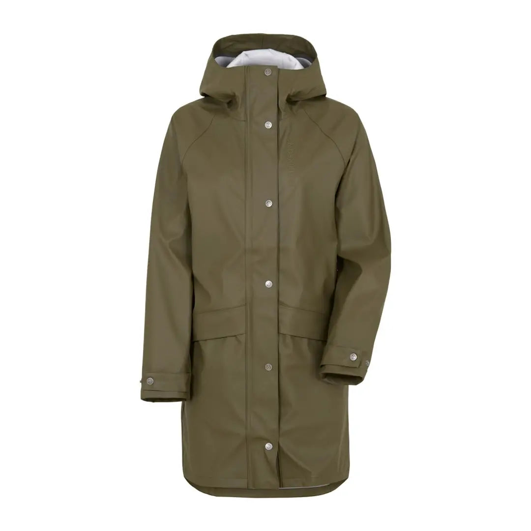 Olive green Didriksons Elly Womens Parka 3 with snap buttons and pockets for style