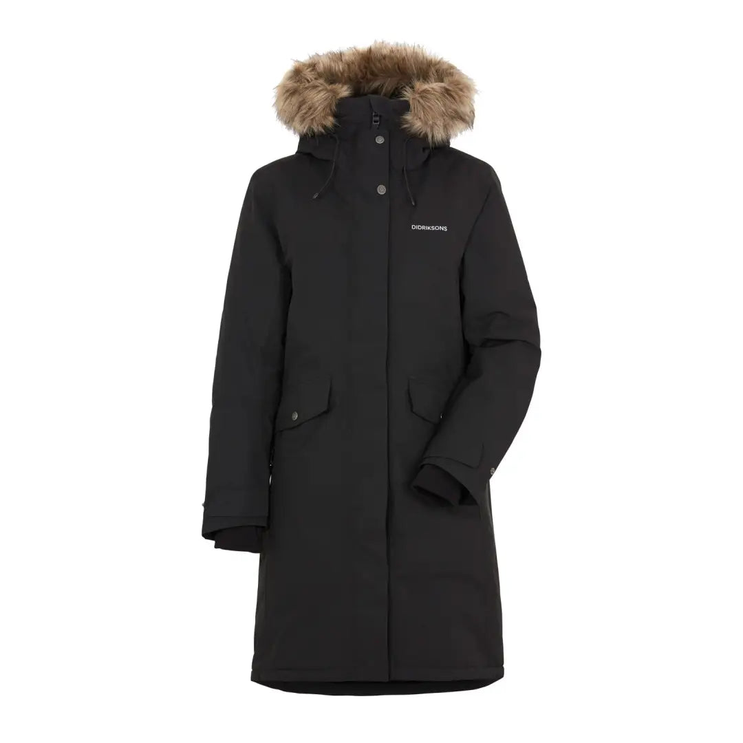 Black winter coat with fur-trimmed hood from Didriksons Erika Womens Parka 3