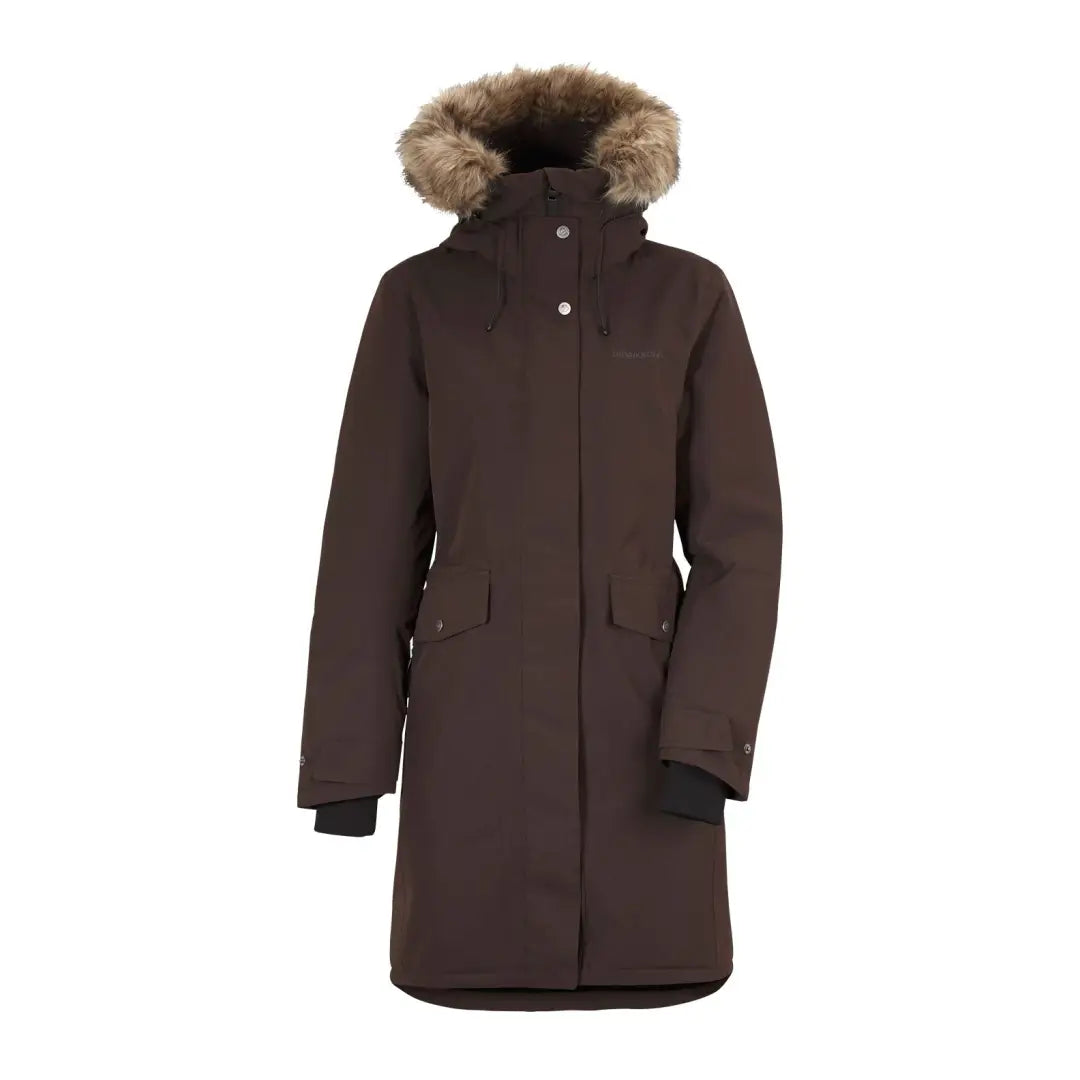 Brown Didriksons Erika Womens Parka 3 with cozy fur-trimmed hood for winter warmth