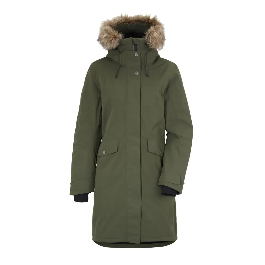 Olive green Didriksons Erika Womens Parka 3 with fur-trimmed hood for cold winter weather