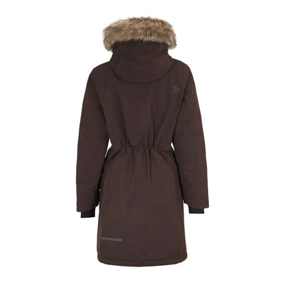 Dark brown Didriksons Erika Womens Parka with fur hood and cinched waist for winter style