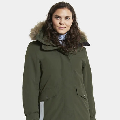 Green Didriksons Erika Womens Parka with fur-trimmed hood for cold winter weather