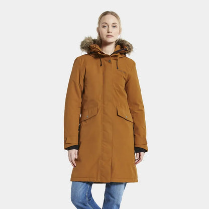 Camel Didriksons Erika Womens Parka 3 with fur hood, perfect for cold winter weather