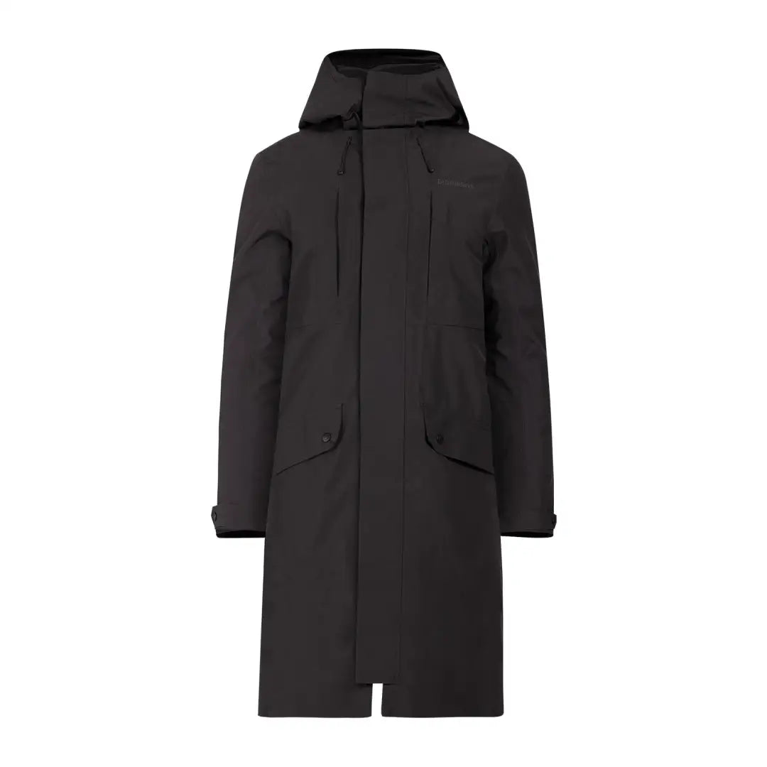 Long black hooded Didriksons Falke Parka with front pockets, perfect for winter