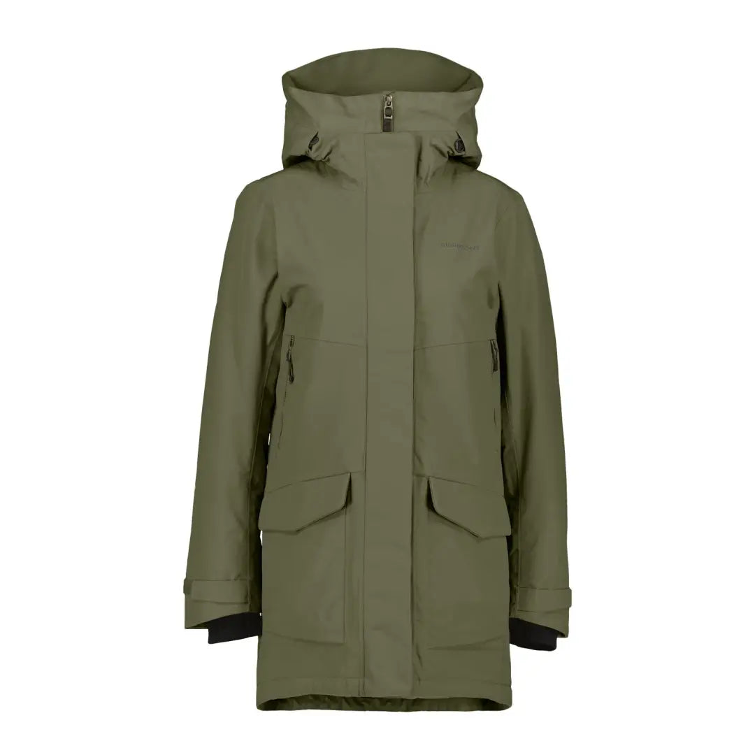 Olive green Didriksons Frida Womens Parka 7 with adjustable hood and taped seams