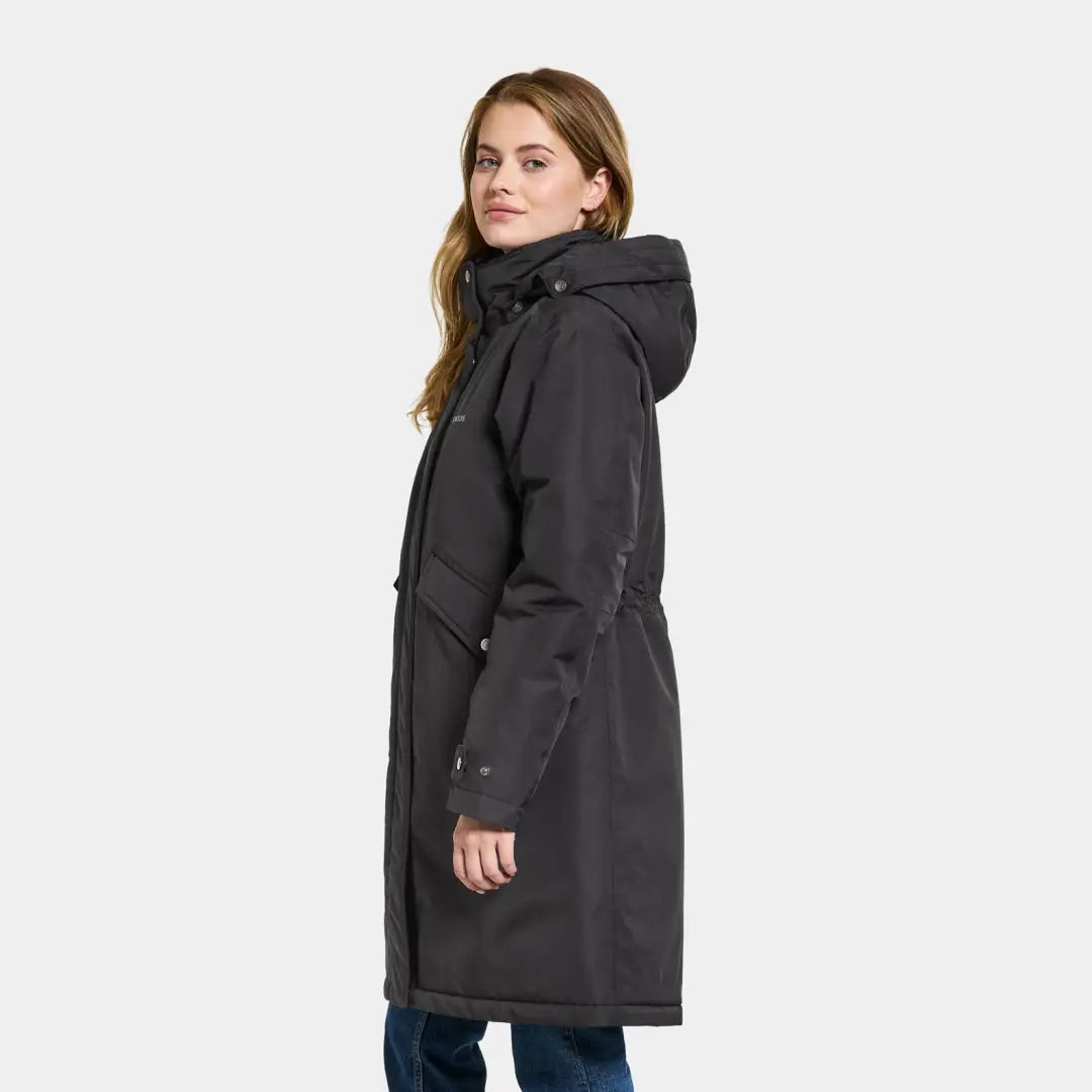 Dark gray hooded winter coat for women, a classic parka with timeless design