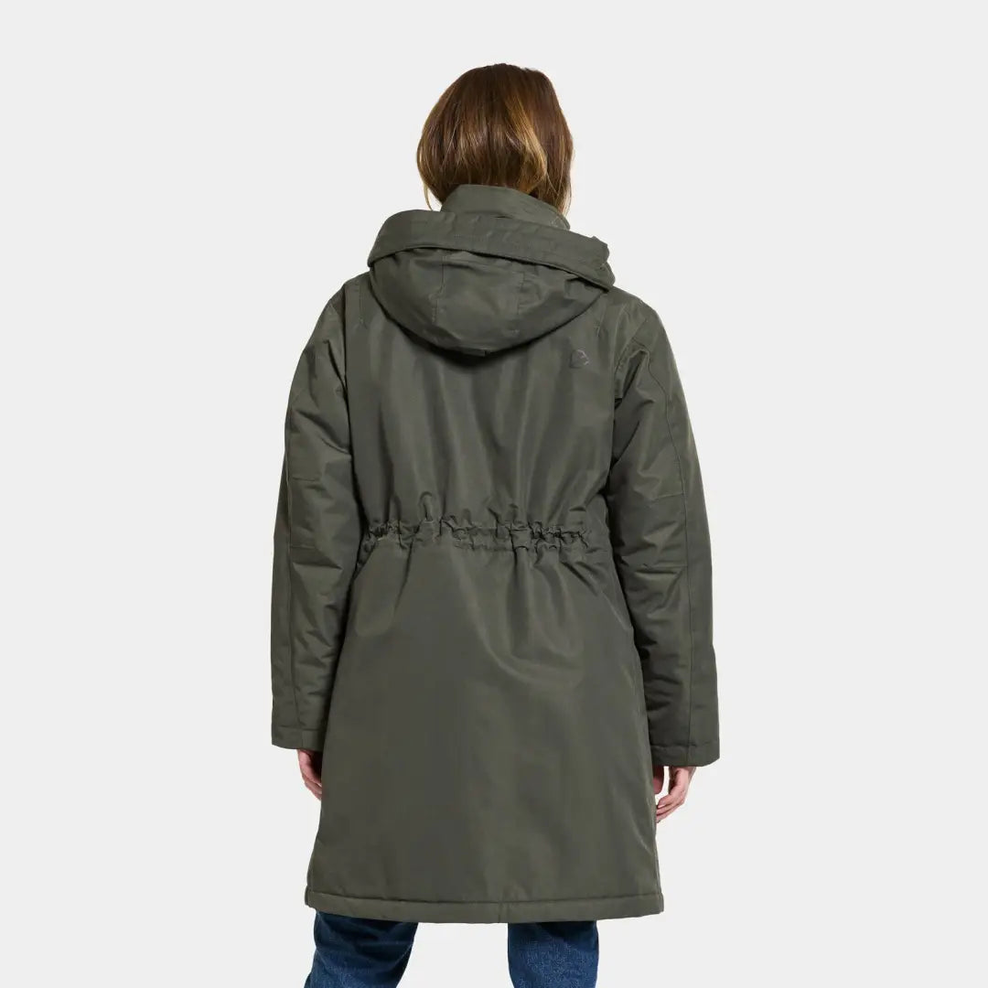 Olive green hooded Didriksons Josefine Womens Parka 2 in a classic parka style