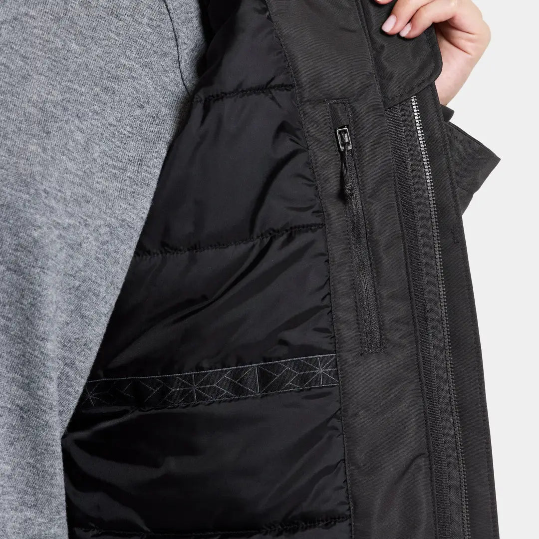 Black puffer jacket with open zipper showing pockets in Didriksons Josefine classic parka