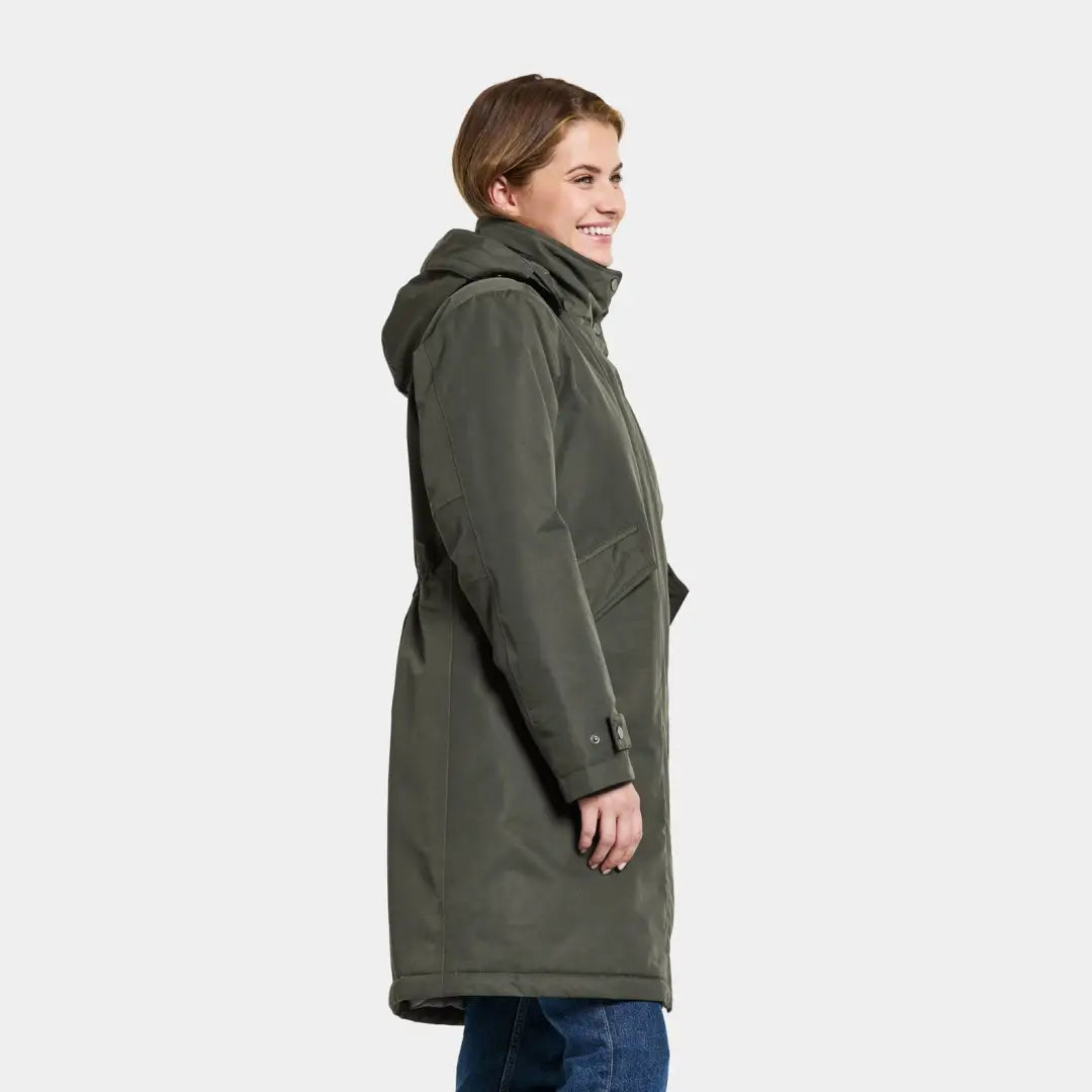 Olive green Didriksons Josefine Womens Parka 2, a classic parka with a cozy hood