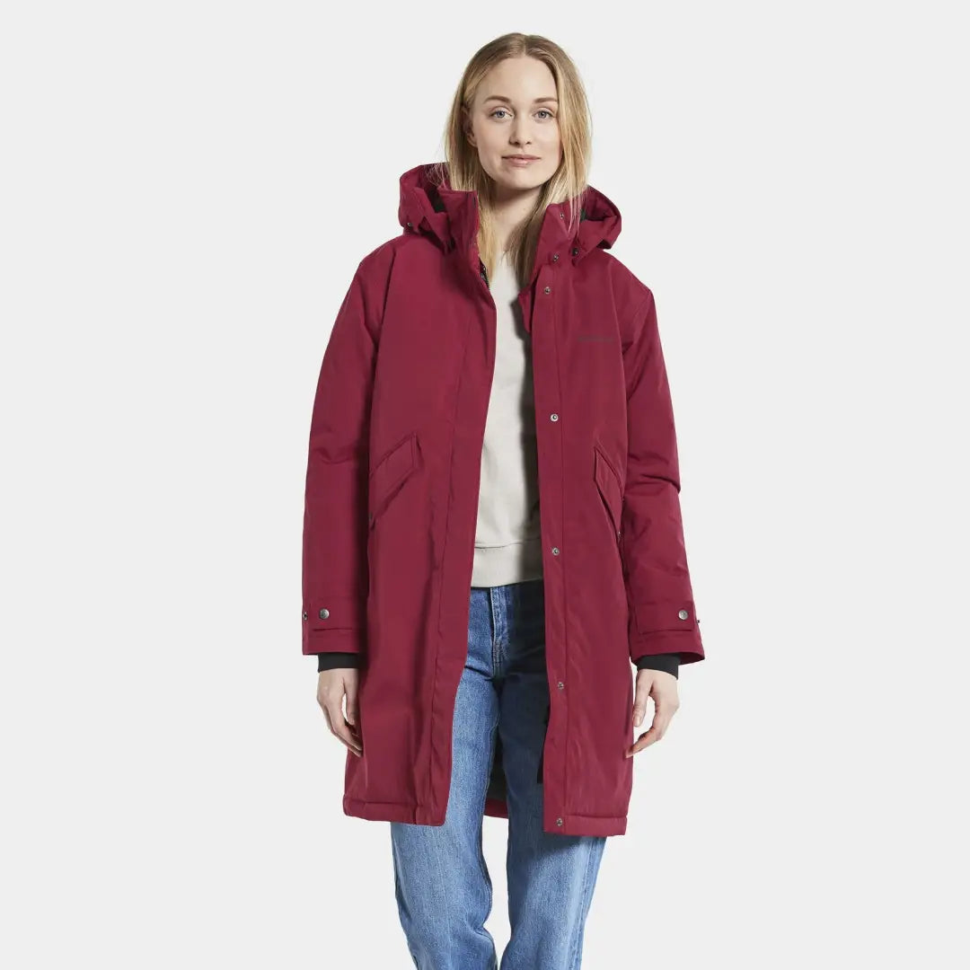 Stylish Long Burgundy Winter Coat with Hood - Didriksons Josefine Womens Parka