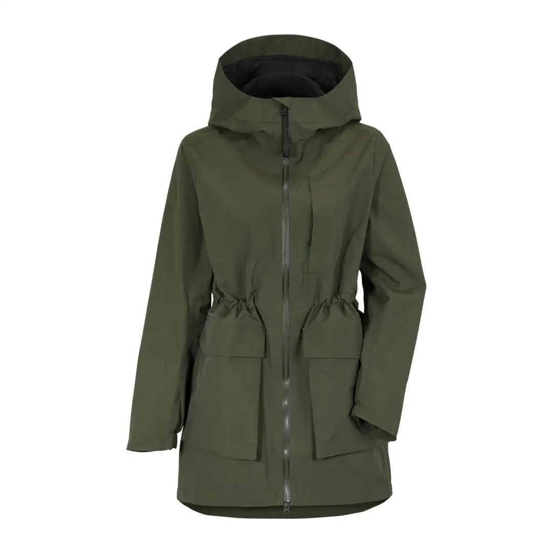 Olive green Didriksons Lana Womens Parka 2 with cinched waist and front pockets