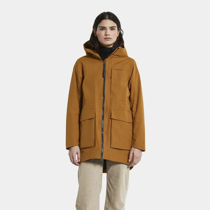 Mustard-colored Didriksons Lana Womens Parka with zippered front and pockets